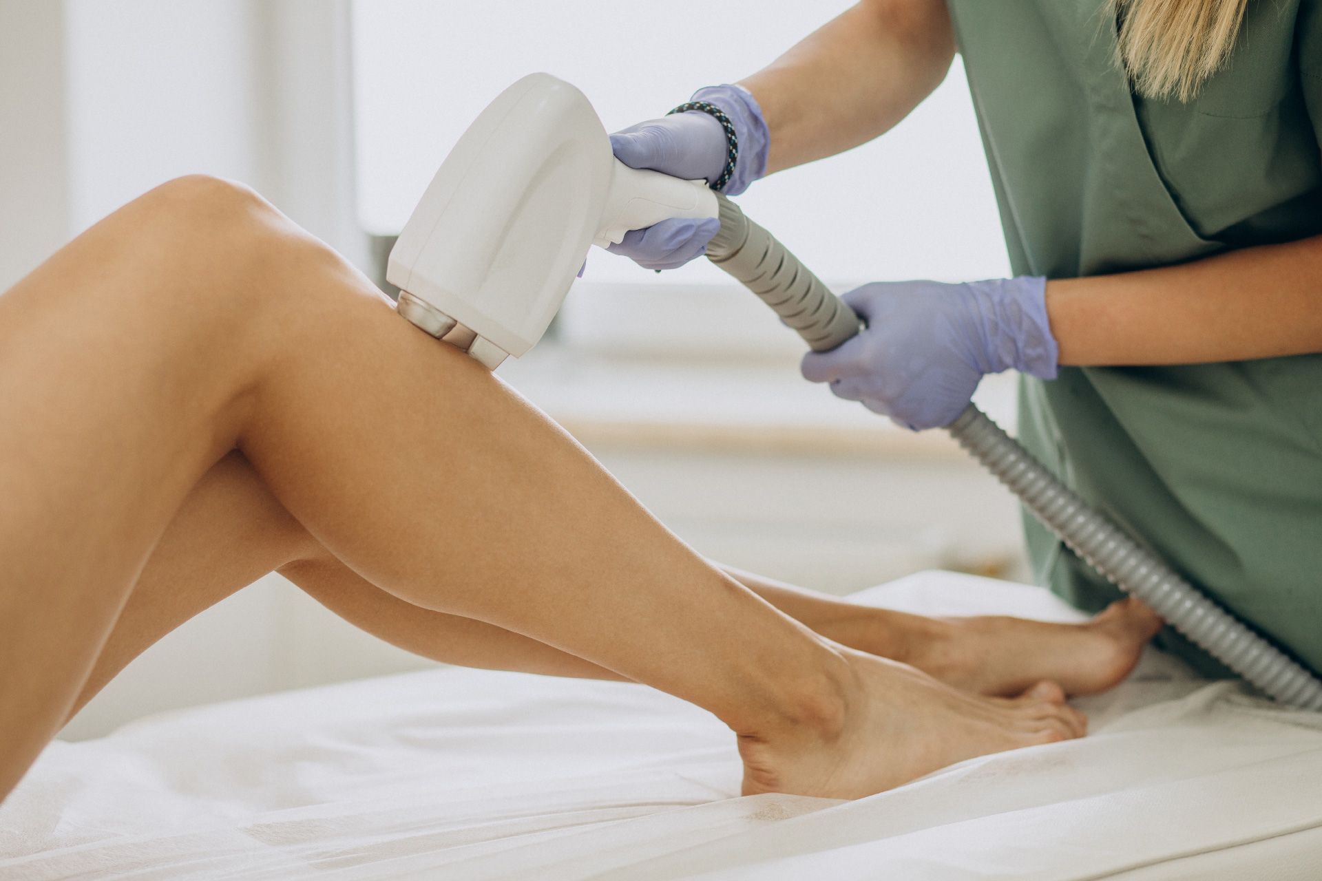 Una persona recibe depilación láser en la pierna por parte de un técnico con guantes en un entorno clínico.