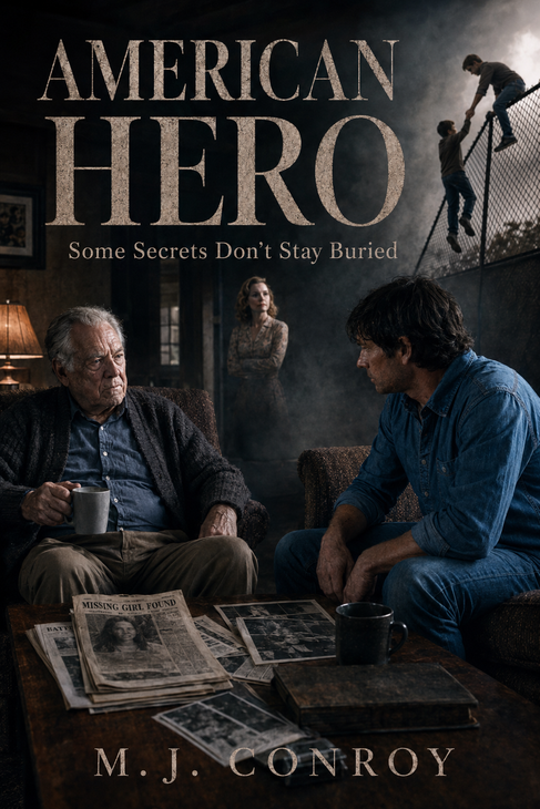 Book cover titled “American Hero,” showing two men seated and talking in a dark, gritty room.