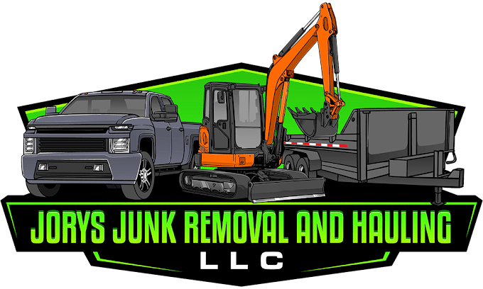 The logo for jorys junk removal and hauling llc shows a truck , excavator , and dumpster.