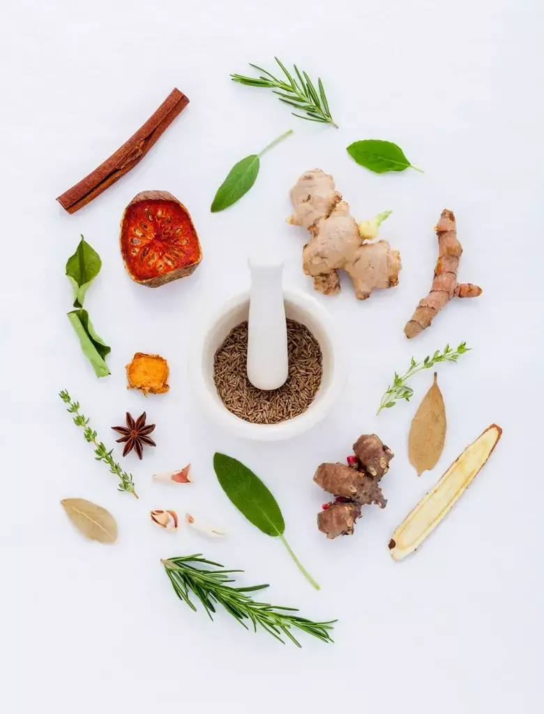 Assortment of culinary herbs and spices arranged in a circle, including cinnamon, ginger, turmeric, and rosemary, with a mortar and pestle.