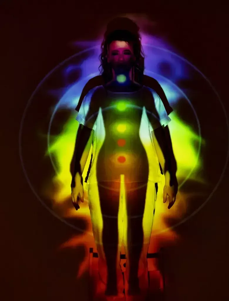 Human figure with chakra colors overlaid, surrounded by a colorful aura.