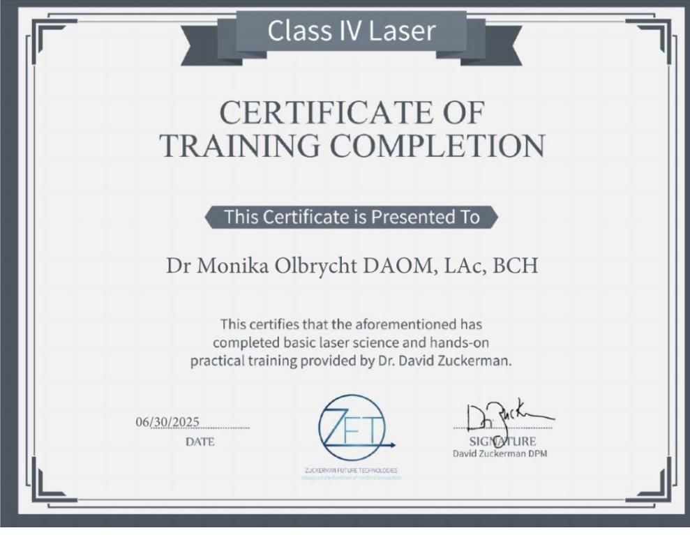Certificate: Dr. Monika Olbrycht completed Class IV Laser training. Signed by Dr. David Zuckerman.