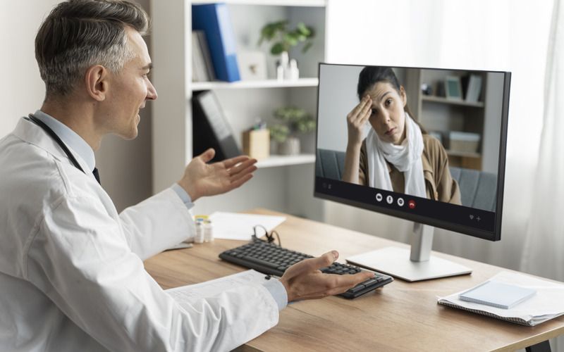 Doctor in lab coat consults with a patient via video call, discussing symptoms; indoor setting.