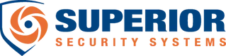 The logo for superior security systems is blue and orange with a shield.