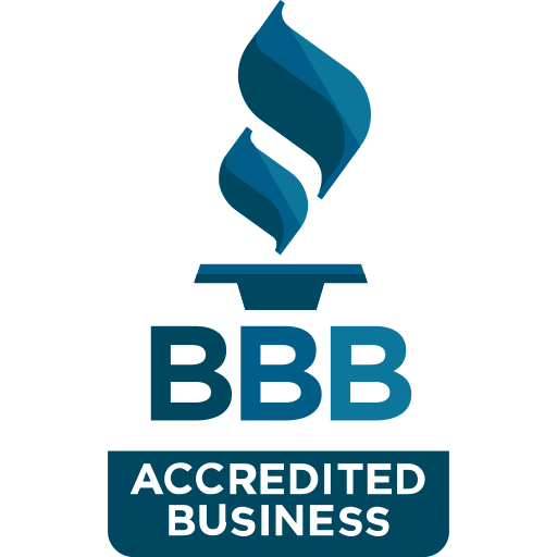 A logo for an accredited business with a blue flame coming out of it.