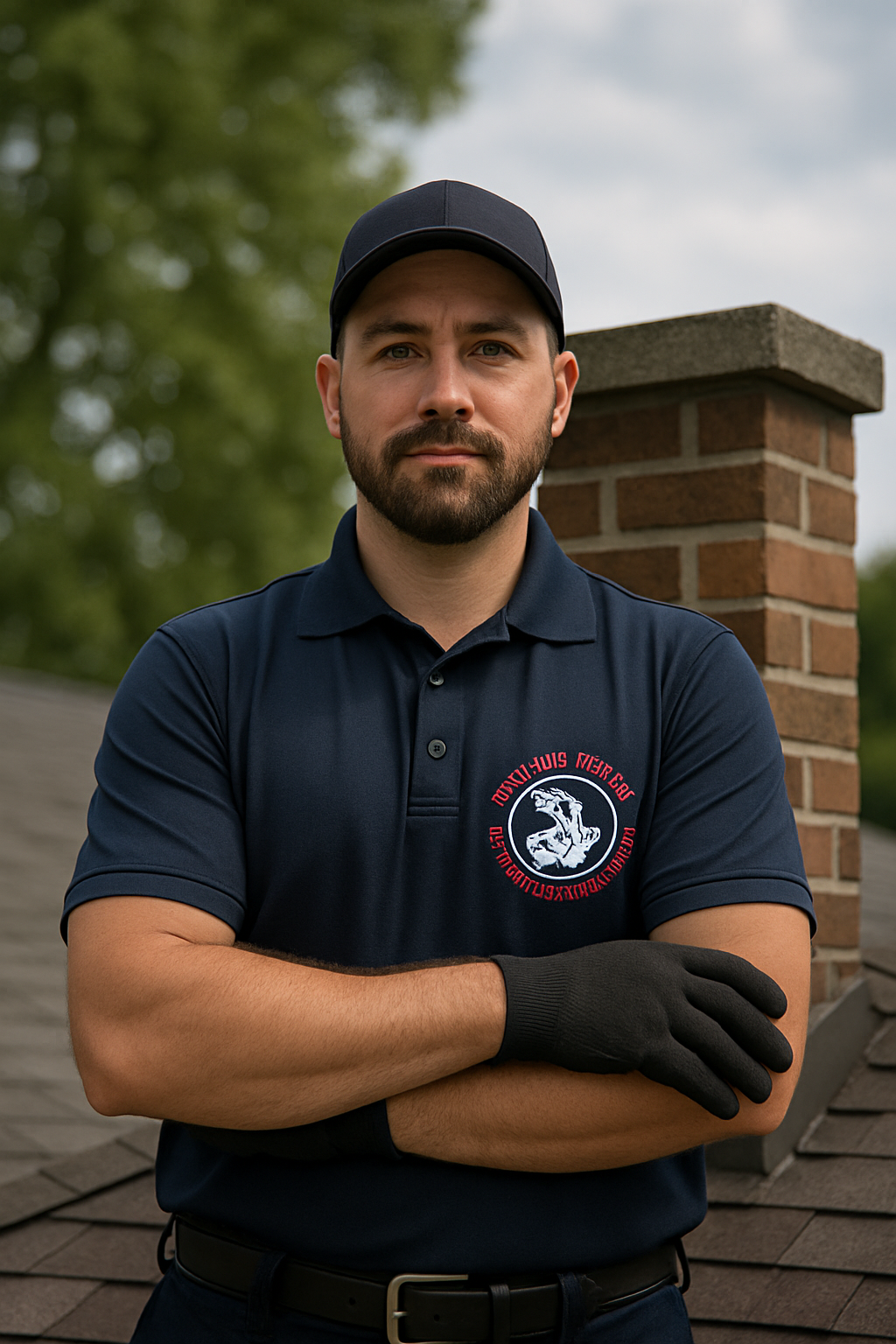 A man in a blue shirt and black gloves is standing on a roof with his arms crossed.