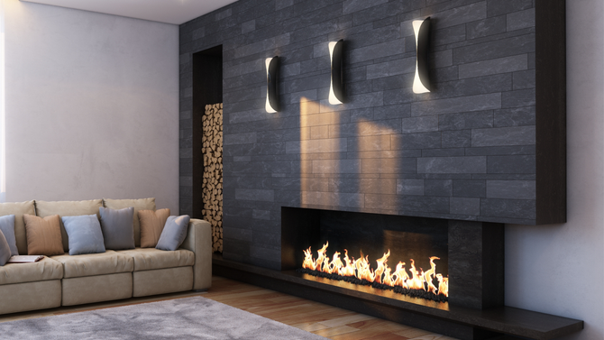 A living room with a fireplace and a couch