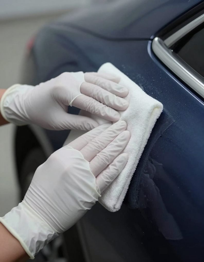 Detailer applying microfiber pad to car panel