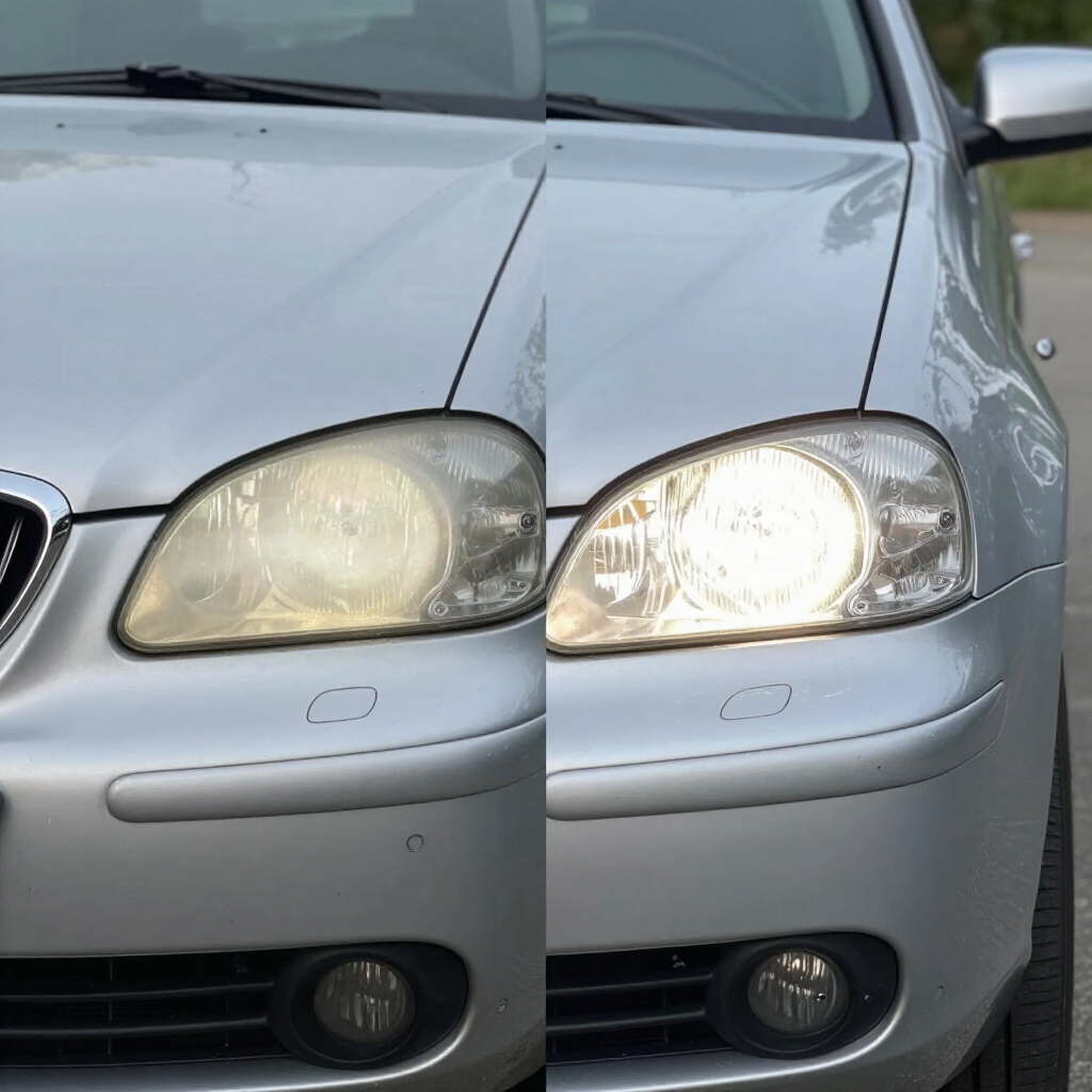 Front view of a silver car with headlights on and grille visible