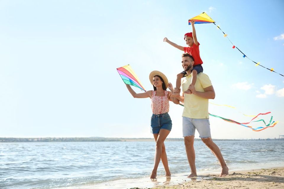 A family is flying a kite on the beach.