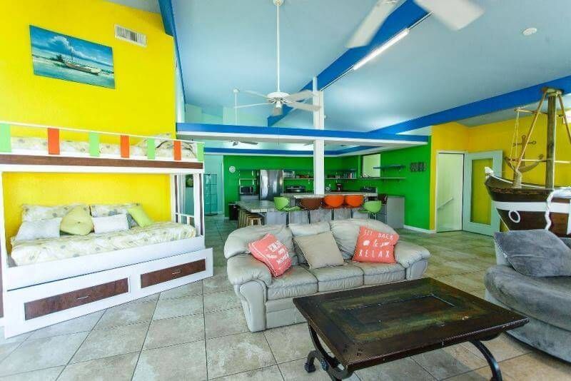 A living room with a couch and a coffee table