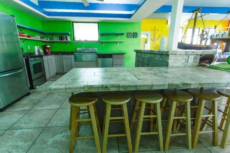 A kitchen with a table and stools in it