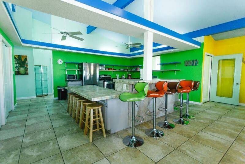 A kitchen with green and blue walls and stools