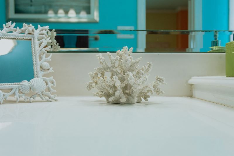 A white coral is sitting on a bathroom counter next to a mirror.