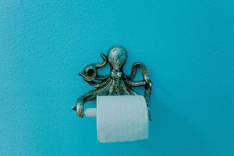 A toilet paper holder in the shape of an octopus is holding a roll of toilet paper.