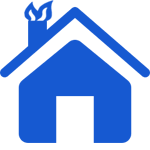 Blue house with a chimney and flames, possibly indicating a house fire.
