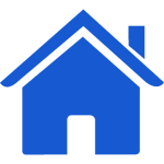Blue house icon with a chimney and doorway.