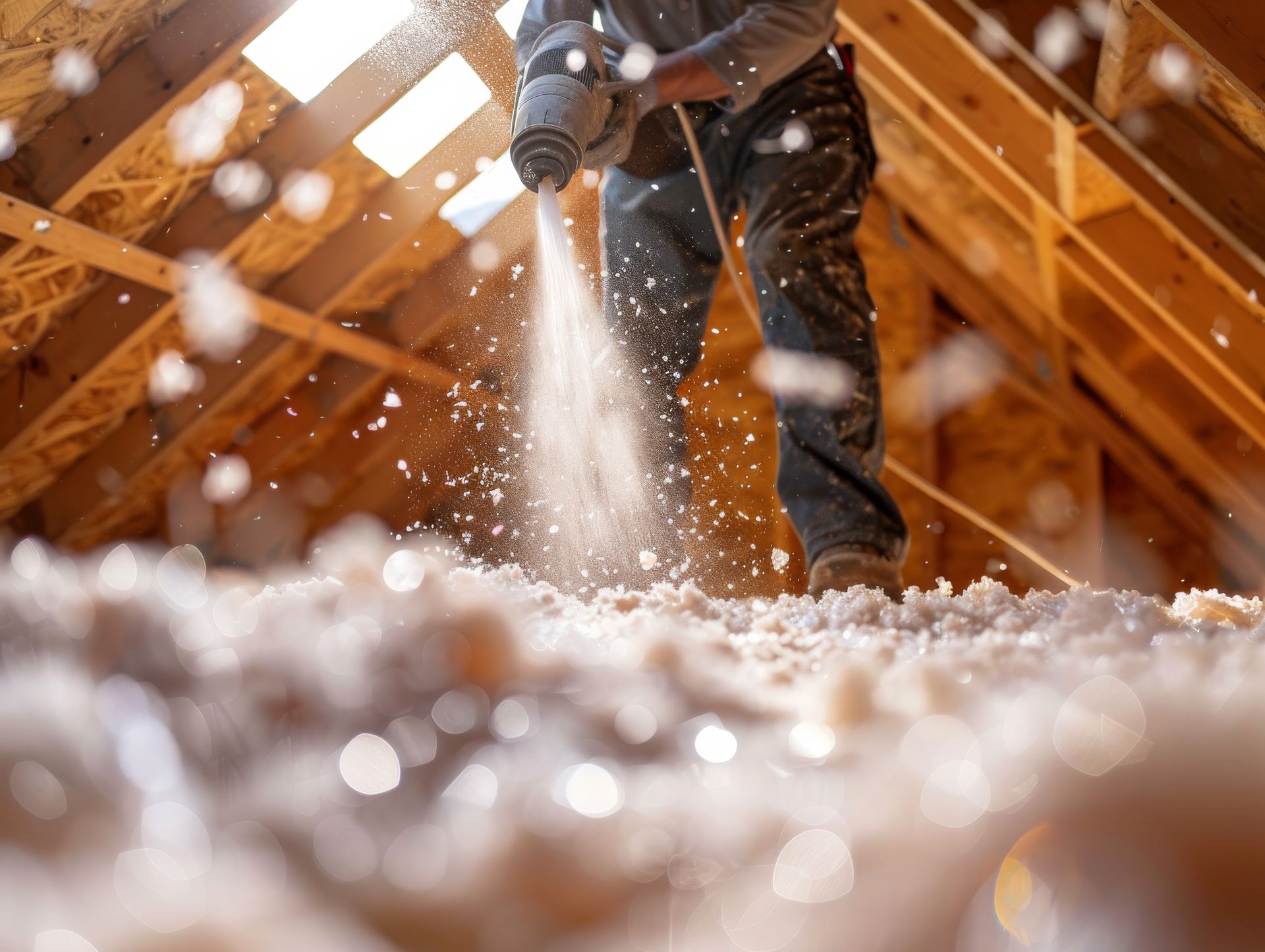 Person spraying insulation into an attic.