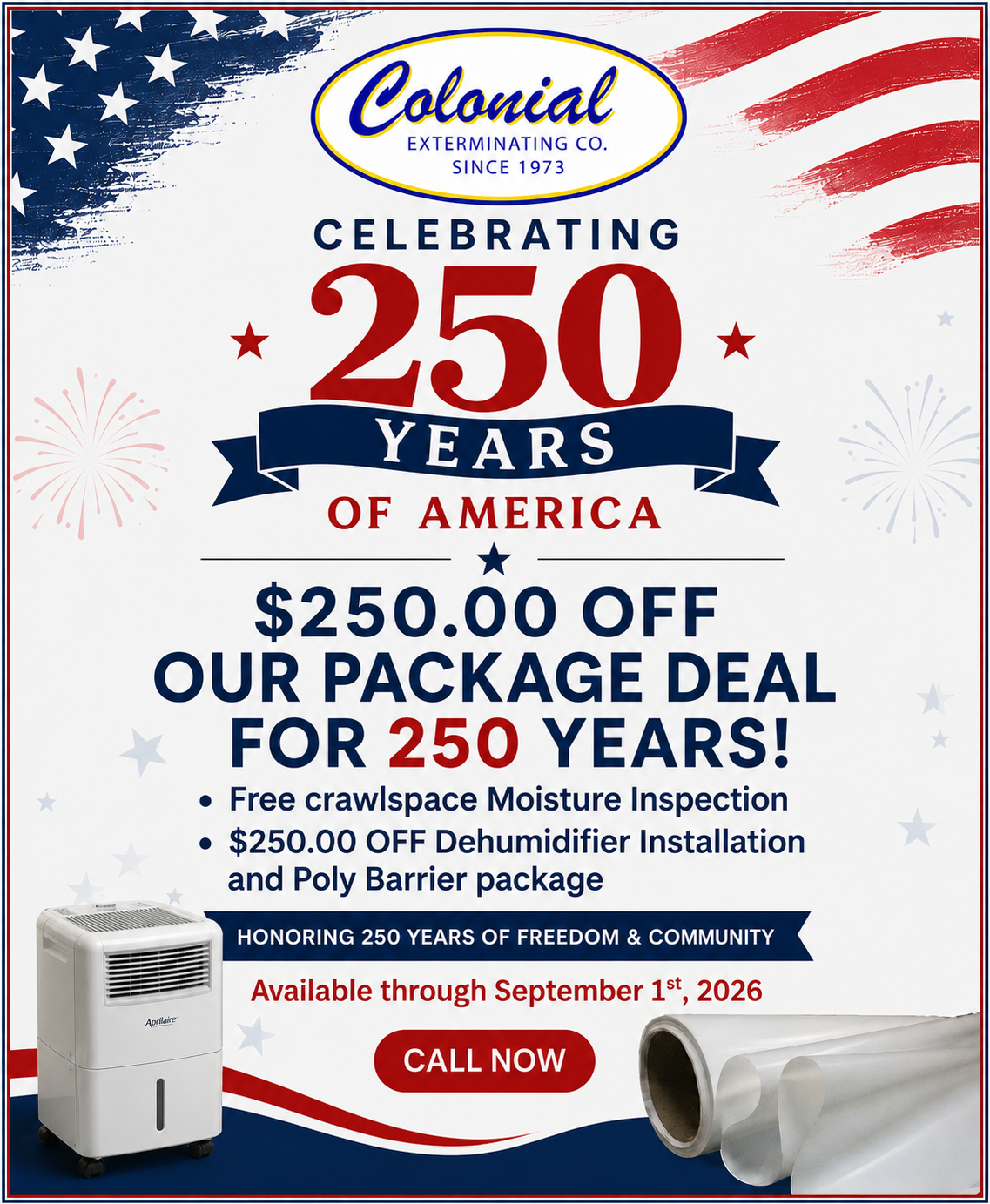Colonial branded ad for 250 years of America, offering $250 off crawlspace moisture inspection and vapor barrier installation