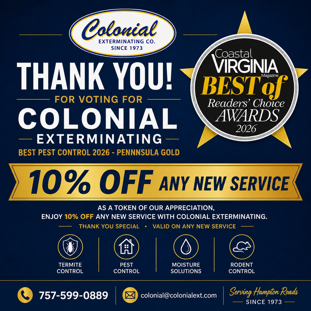 Colonial Exterminating “Thank You” ad with 10% off new service and award badges on navy background