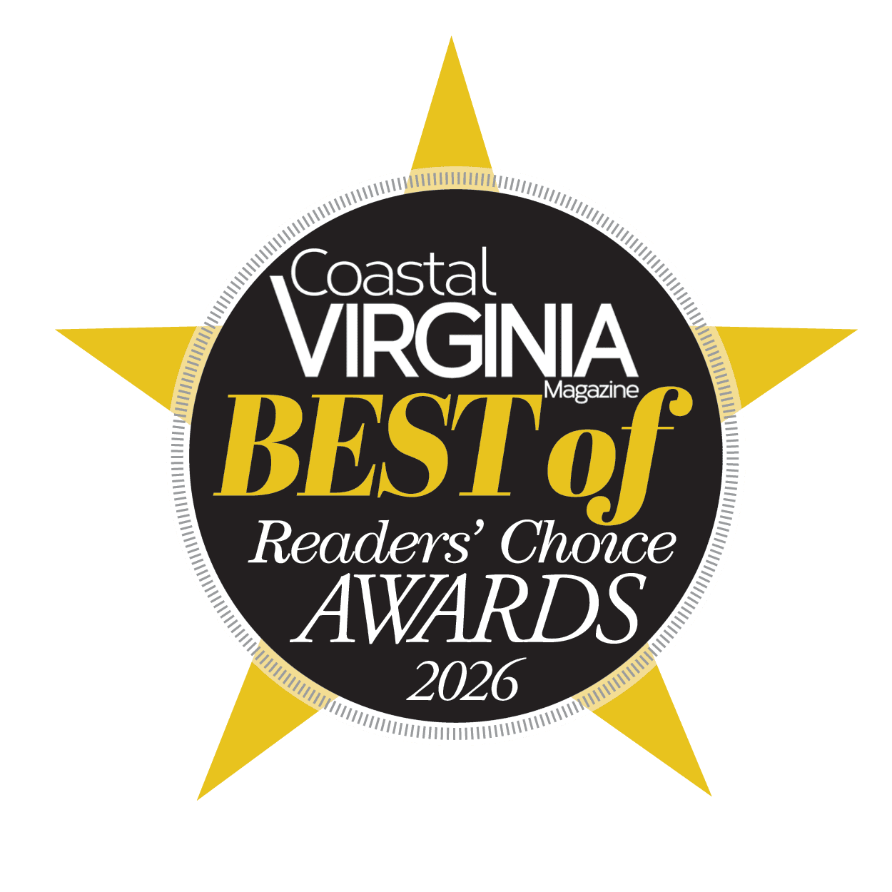 Coastal Virginia Magazine Best of Readers' Choice Awards 2022 logo. A gold star