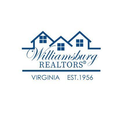 Logo for Williamsburg Realtors in Virginia. Features three blue house silhouettes with a white background, and text.