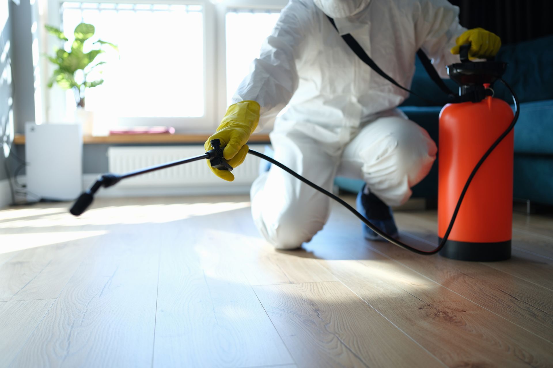 A pest control contractor sprays the floor of a living room while wearing safety gear.