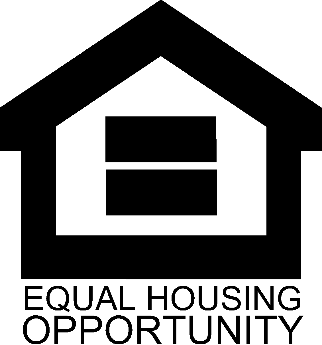 Black and white Equal Housing Opportunity logo: house outline with equal sign inside. Text reads