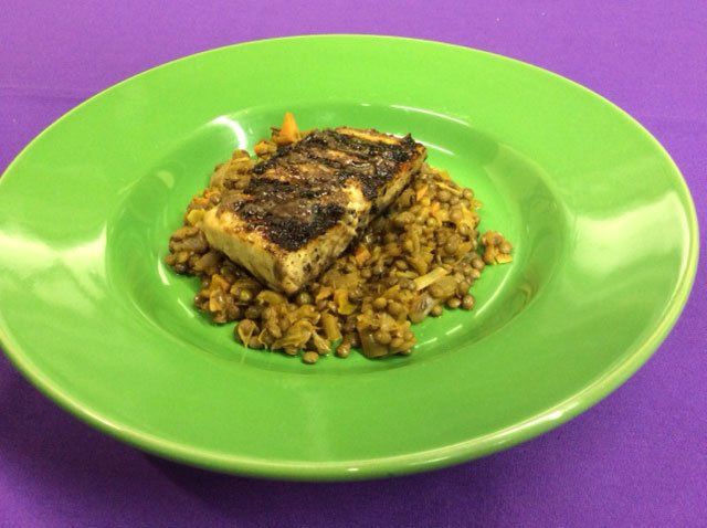 Pan Seared Salmon with Black Olive Vinaigrette and Lentils