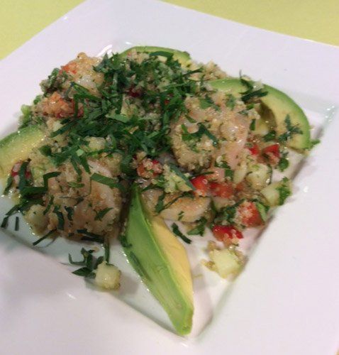 Quinoa, Red Pepper Salad with Avocado and Shrimp