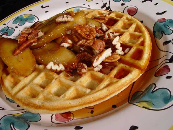 Pecan Sour Cream Waffles with Banana and Pecan Syrup
