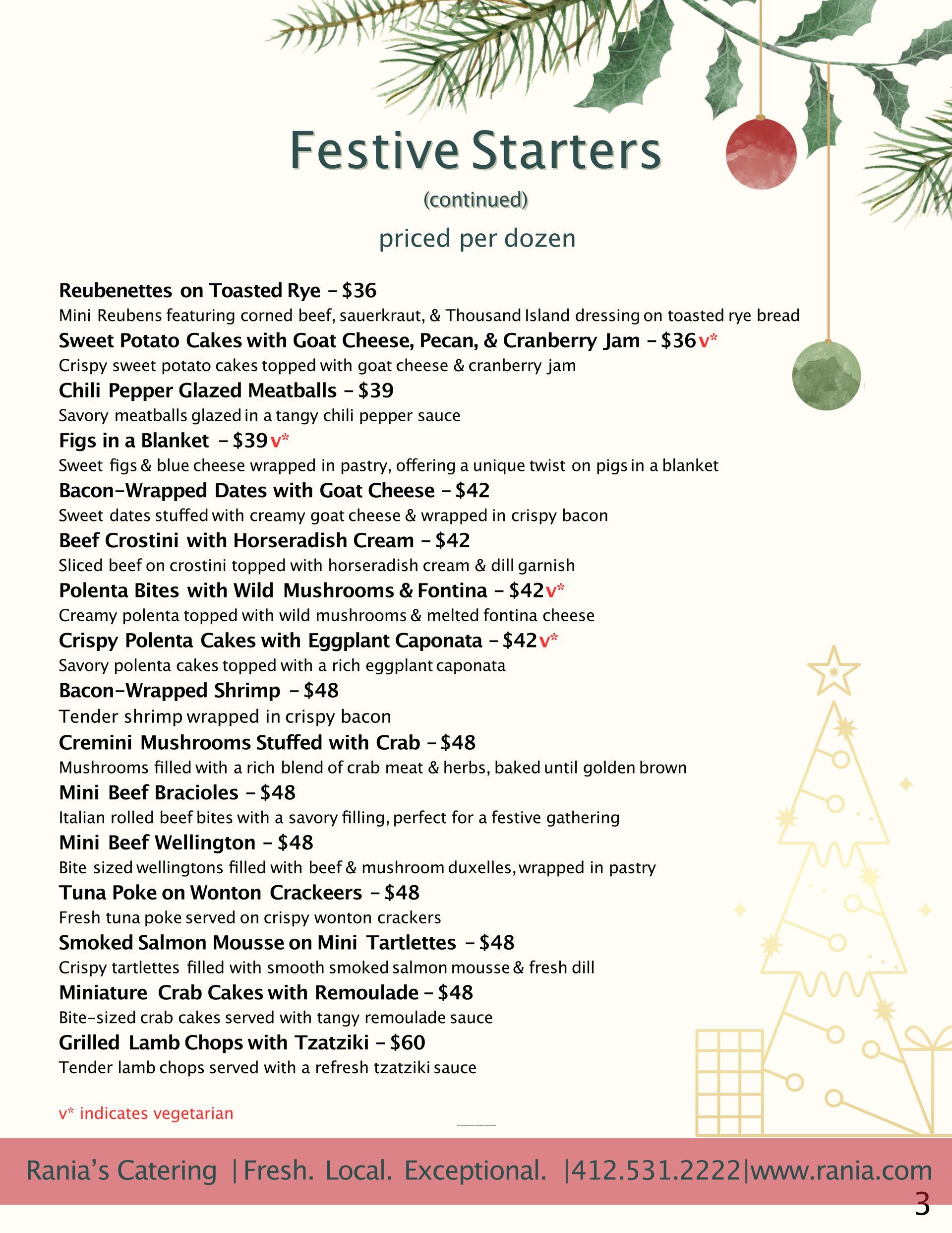 A list of festive starters with a christmas tree in the background
