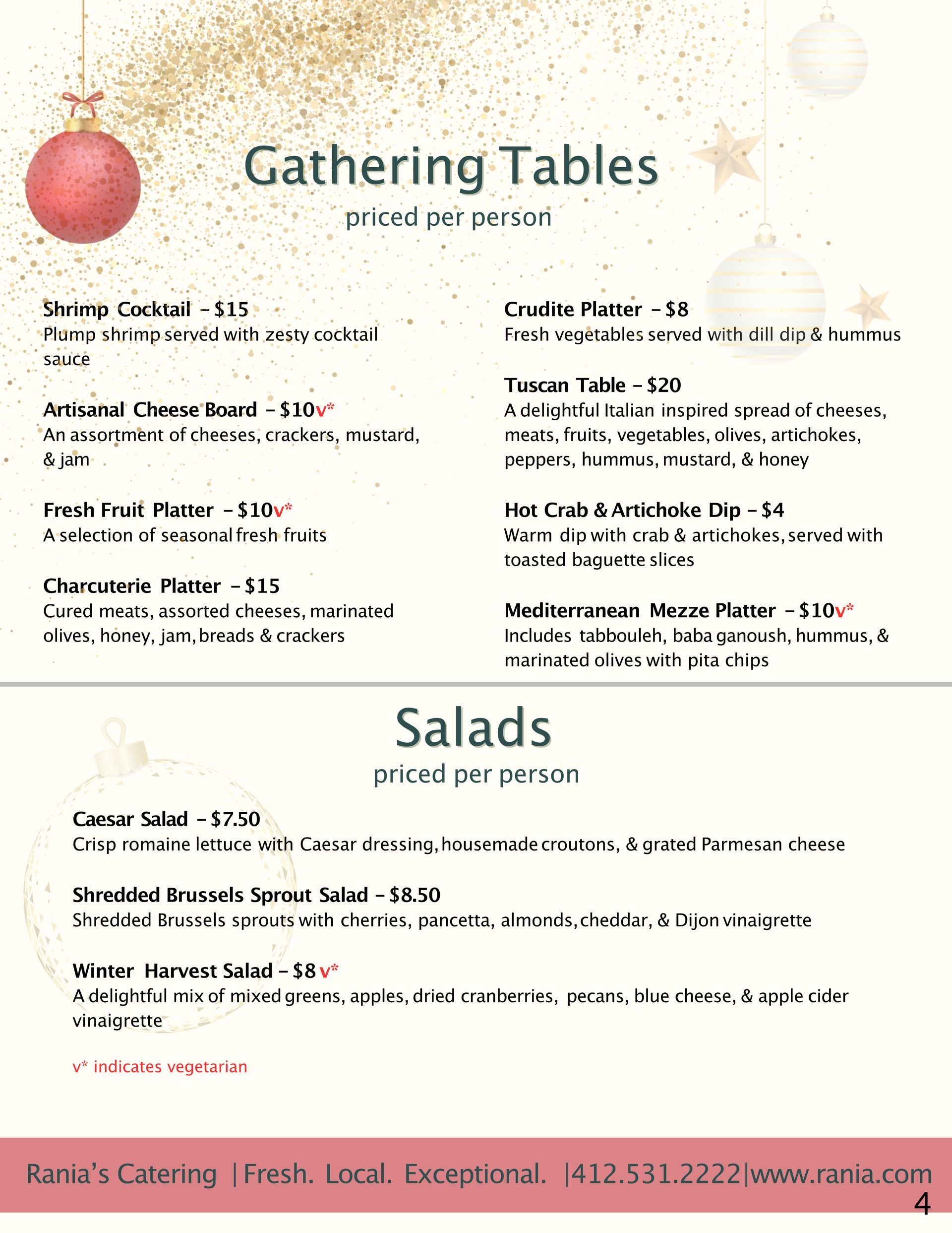 A menu for a restaurant called gathering tables and salads