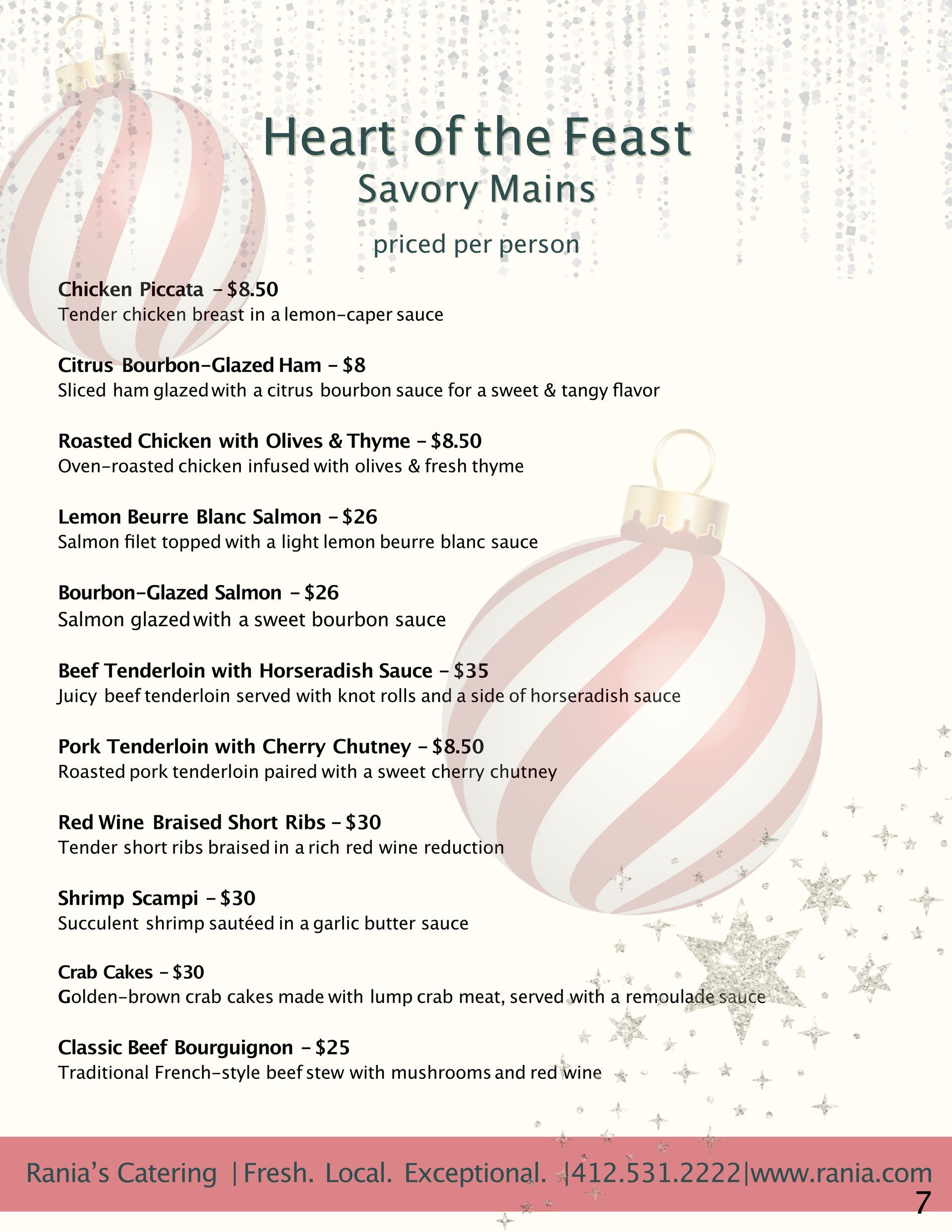 A sheet of paper that says heart of the feast savory mains