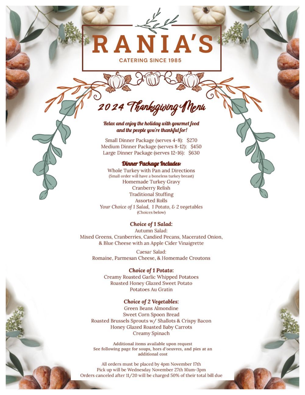 A menu for a restaurant with a picture of pumpkins and leaves on it.