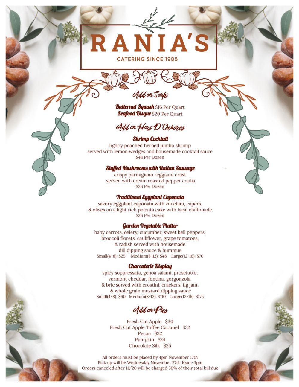 A menu for a restaurant with a picture of pumpkins and leaves on it.