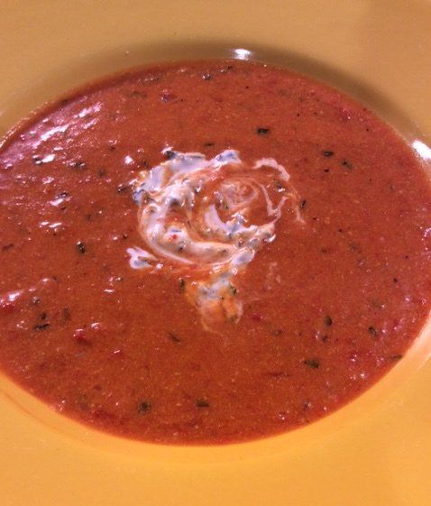 Roasted Red Pepper Bisque with Basil Cream