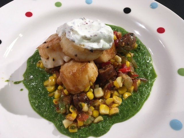 Scallops with Corn and Merguez Salsa and Spinach Sauce