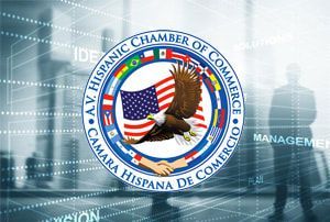 The logo for the hispanic chamber of commerce has an eagle on it.