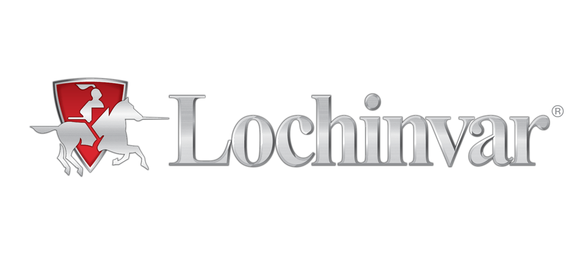 Un logo pour Lochinvar avec un bouclier et un cheval sur fond blanc.