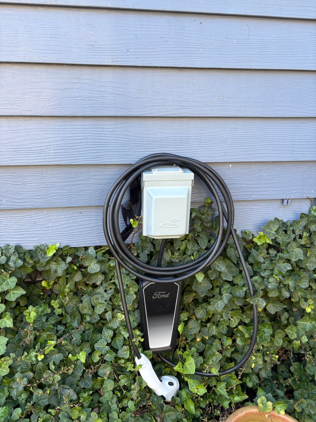 EV charger mounted on a gray wall, cable coiled, with a green bush below.