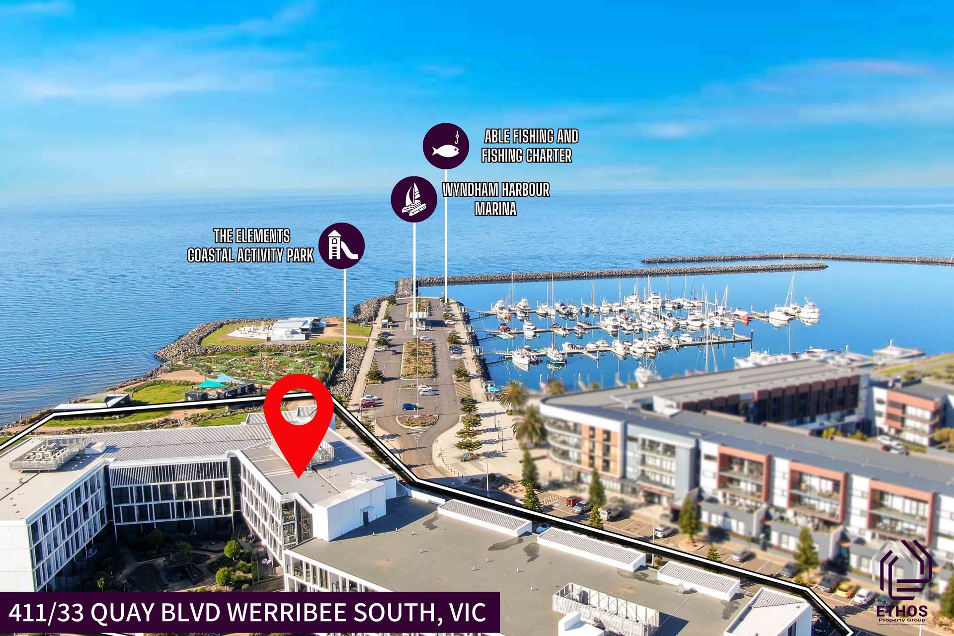 Aerial view of a waterfront building with text labels indicating nearby amenities and distance.