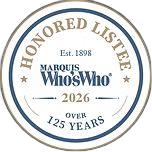 Marquis Who's Who Honored Listee 2026 circular emblem with a blue and gold border, celebrating over 125 years since 1898.