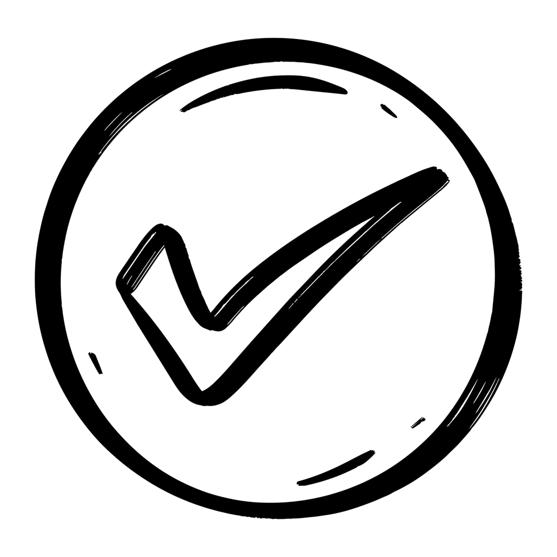 A hand-drawn black and white icon of a checkmark centered inside a circle.