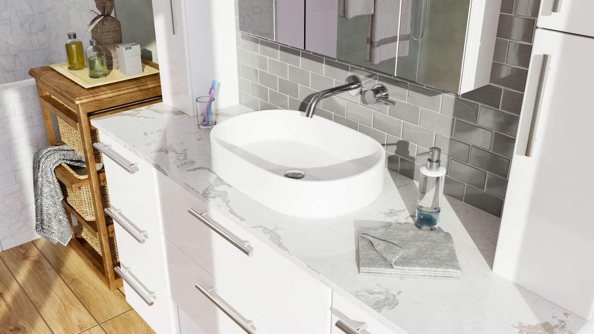 White modern bathroom vanity with an oval sink, metallic faucet, and soap dispenser. A wooden shelf holds toiletries.