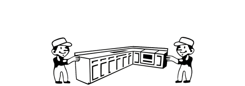 Two workers lifting a kitchen cabinet. They are smiling and wearing hats.
