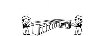 Two workers lifting a kitchen cabinet. They are smiling and wearing hats.