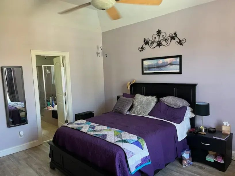 A bedroom with a purple bed and a ceiling fan