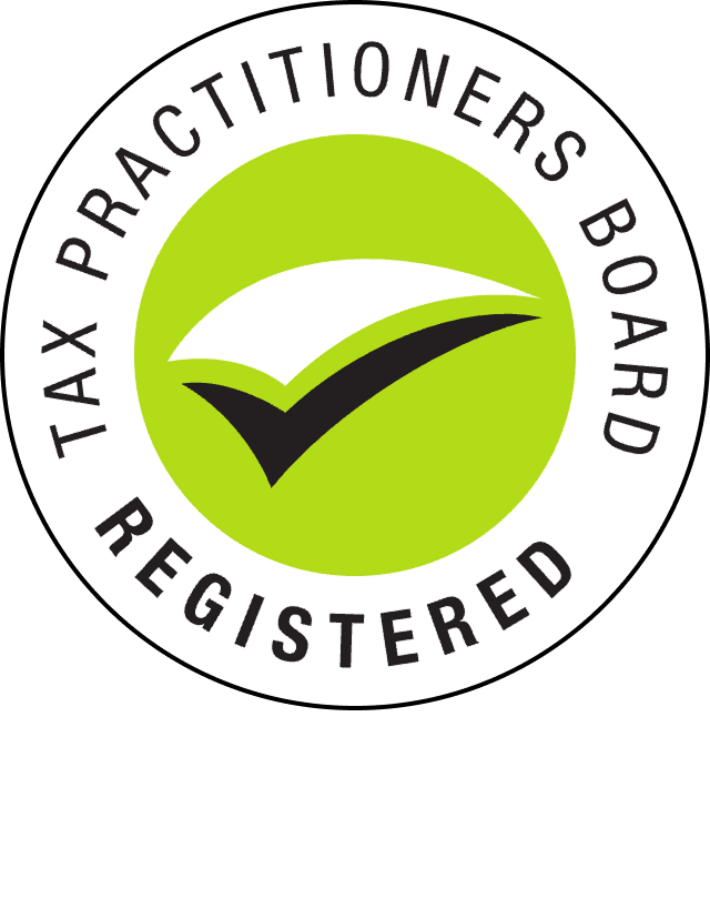Tax Practitioners Board Registered logo: green checkmark inside a lime circle, surrounded by text.