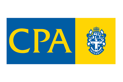 A rectangular logo with a blue left side reading 